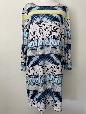 BCBG Azria  Patterned Long Sleeve Shift Dress with Yellow Accent